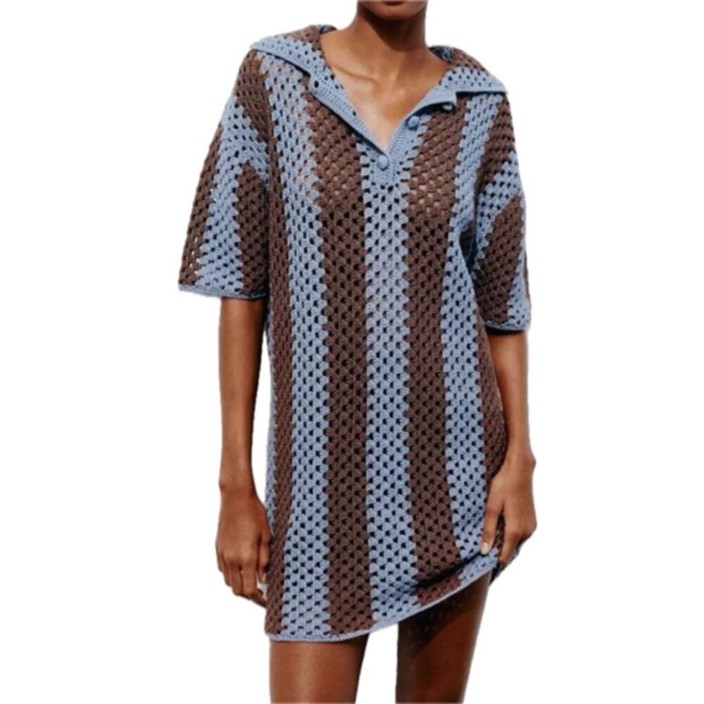 Zara Chocolate Brown Blue Crochet Mini Button Front Polo Shirt Dress size L